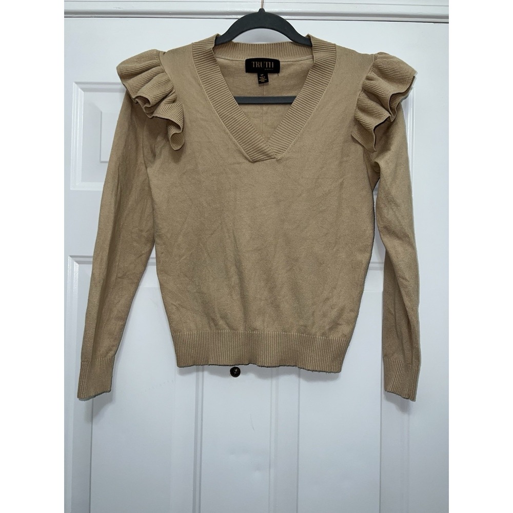 Truth by Republic Women Ruffle Shoulder Knit Sweater Beige V-Neck Size M